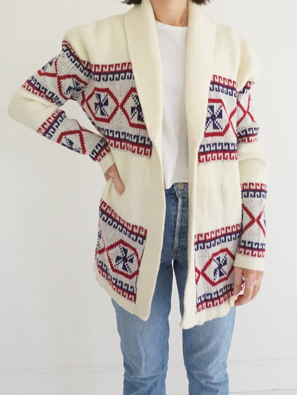 Vintage Fine Sportswear Cream Red Navy Fair Isle Geometric Shawl Cardigan L